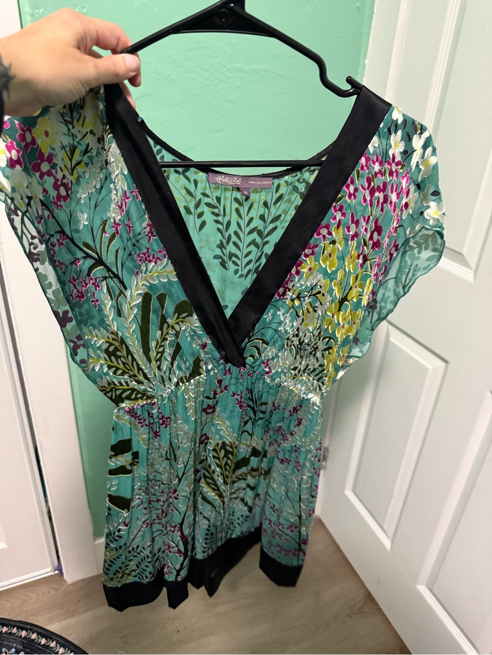 Hale Bob Teal Floral V-Neck Tunic with Black Trim nwot silk vintage Y2K babydoll